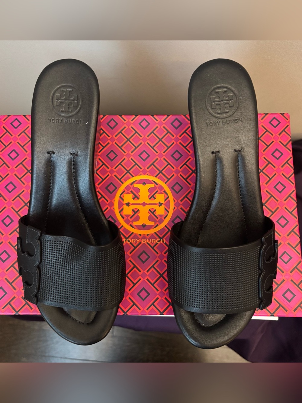 Tory Burch Black Women's Wedge Slide Sandals - Sleek Platform Style - Picture 2 of 8
